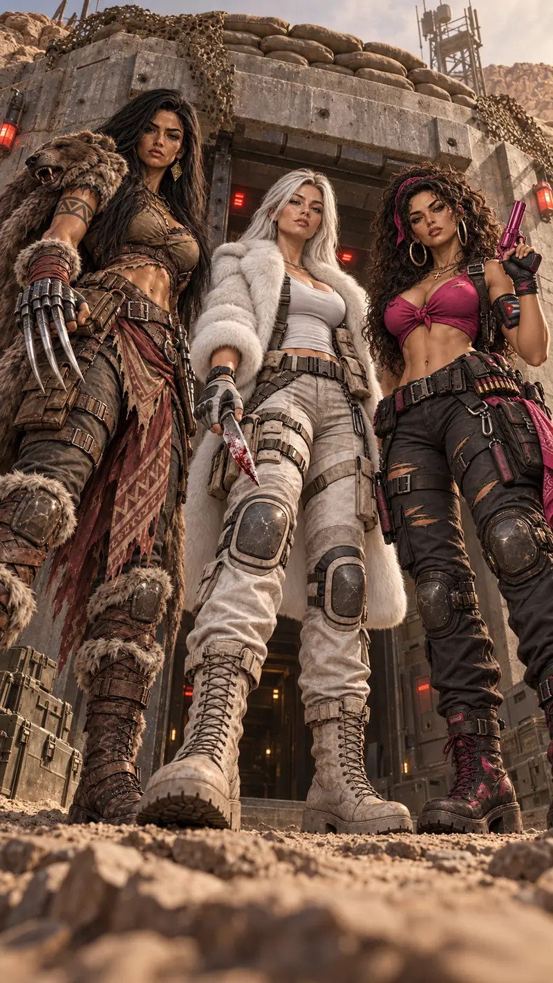 Three survivors standing at the gate of an alliance stronghold